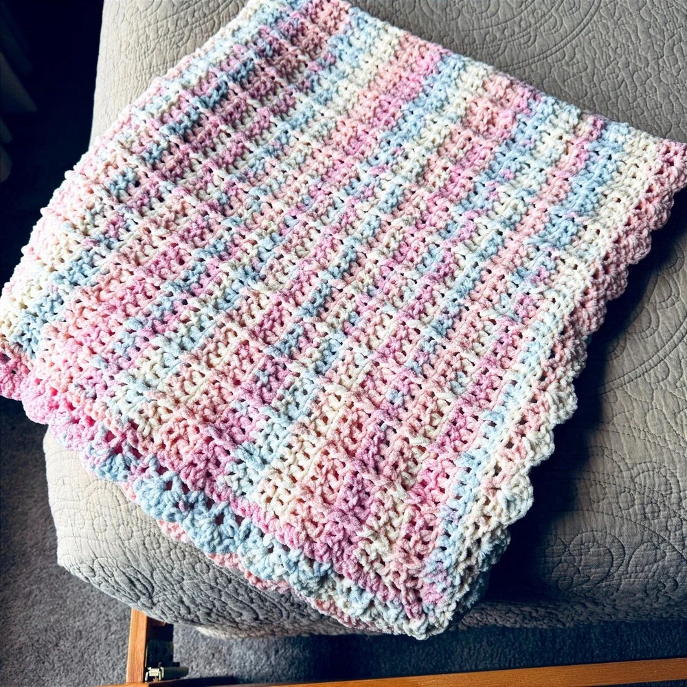 Crochet Baby Blanket Handmade Pastel Pink Blue White Super Soft Yarn 38x38 Throw
